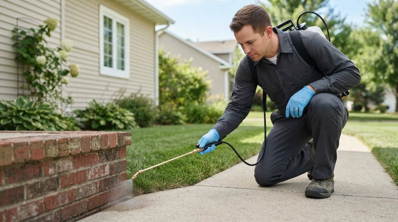 Pest control technician treating a home near Garfield, AR